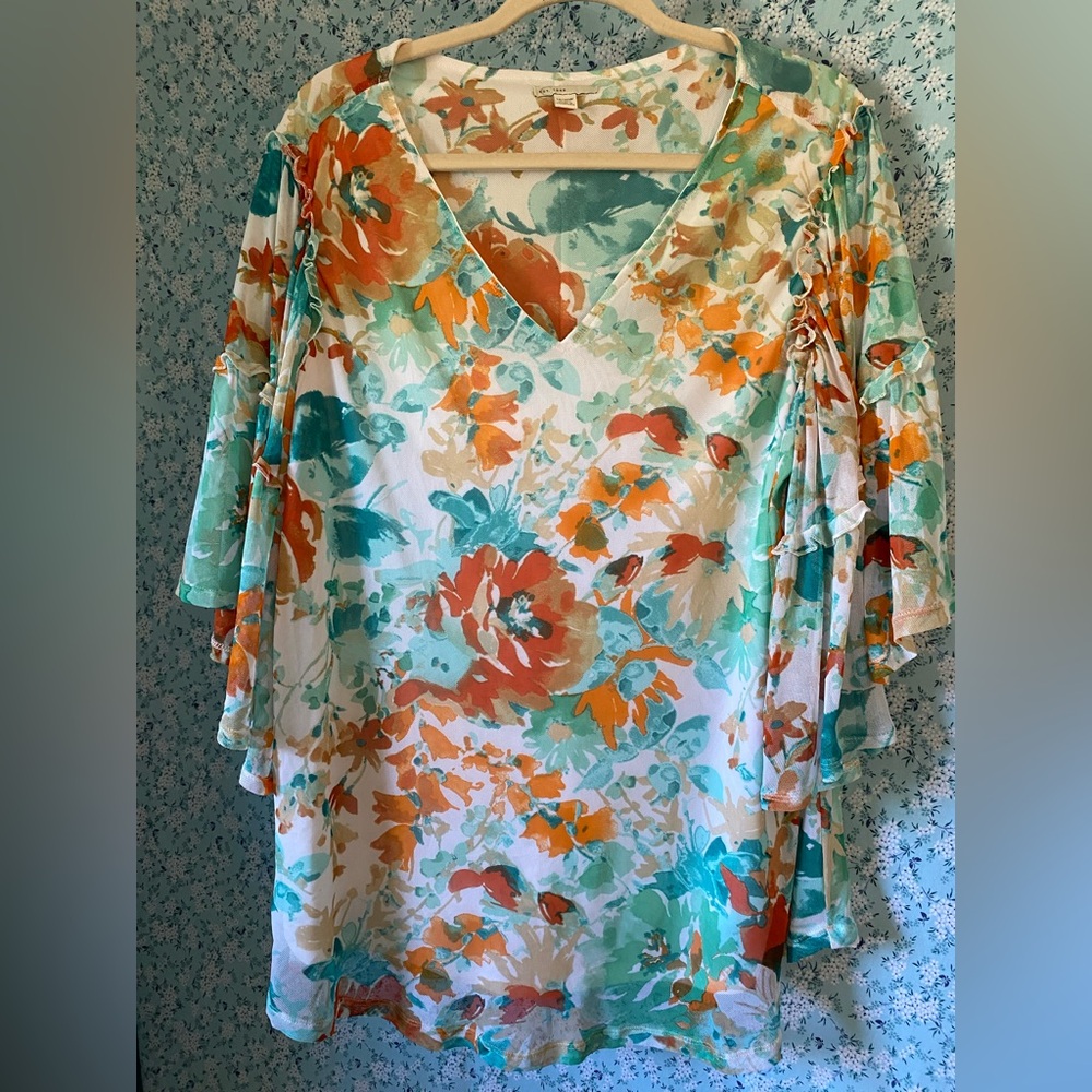 Cato Plus Size Floral V-Neck Ruffle Sleeve Top in Teal, Orange & White